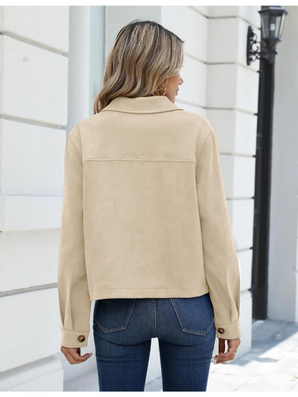Women Apricot Long Sleeve Faux Suede Cropped Shacket Button Down Fall Jacket - Picture 3 of 4
